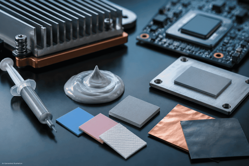 Different thermal interface materials including thermal pastes, pads, graphite foils and metallic interface layers used for thermal management in electronics and semiconductor cooling applications.