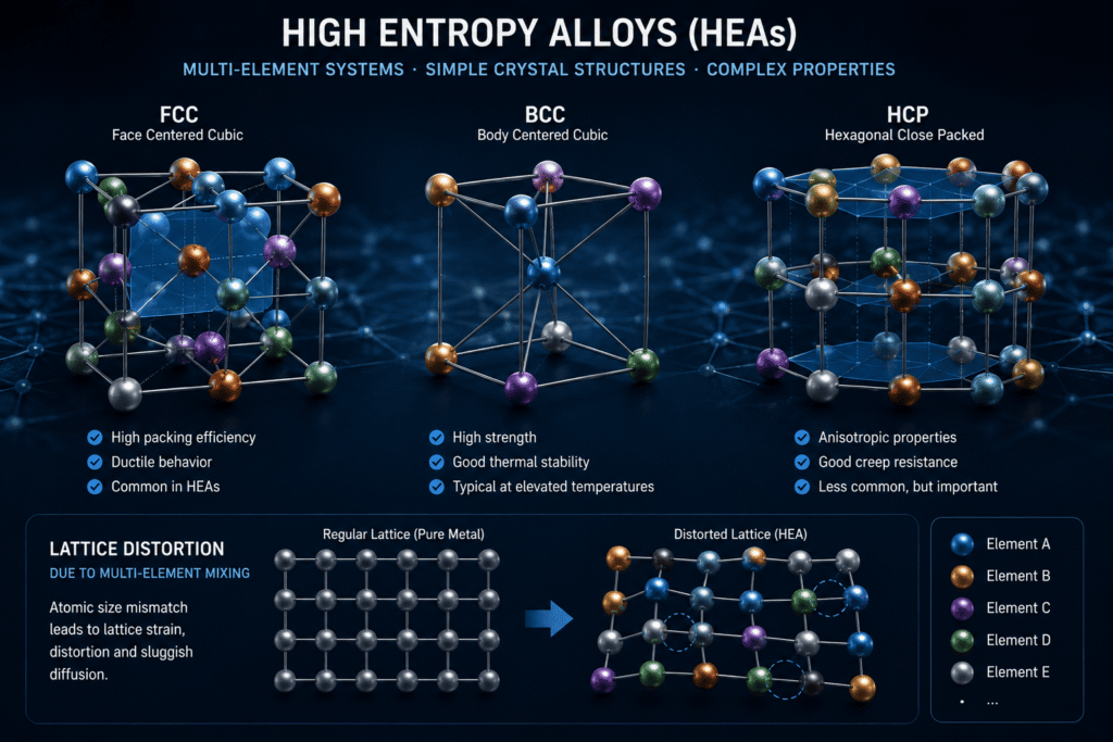Infografika naukowa przedstawiająca struktury krystaliczne FCC, BCC i HCP w stopach o wysokiej entropii z wieloelementowymi sieciami atomowymi oraz wizualizację zniekształceń sieci spowodowanych złożonym składem stopu.