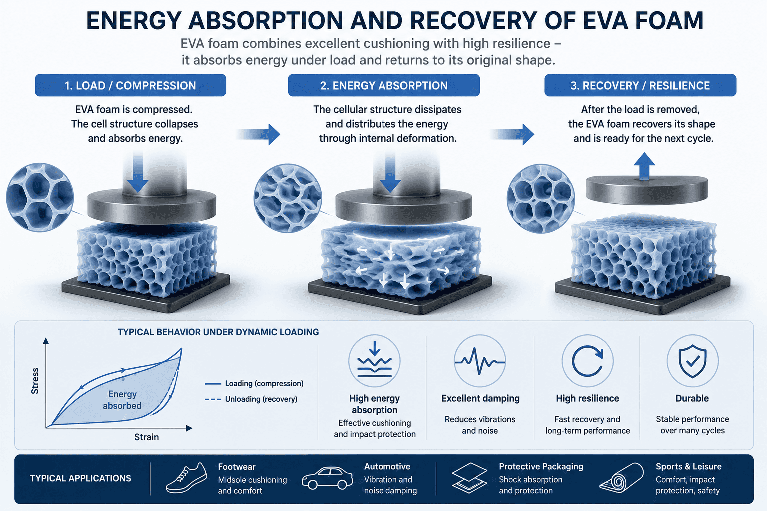 Scientific infographic illustrating the compression, energy absorption, and recovery behavior of EVA foam, including cellular foam structure deformation, damping performance, resilience, and typical industrial applications.