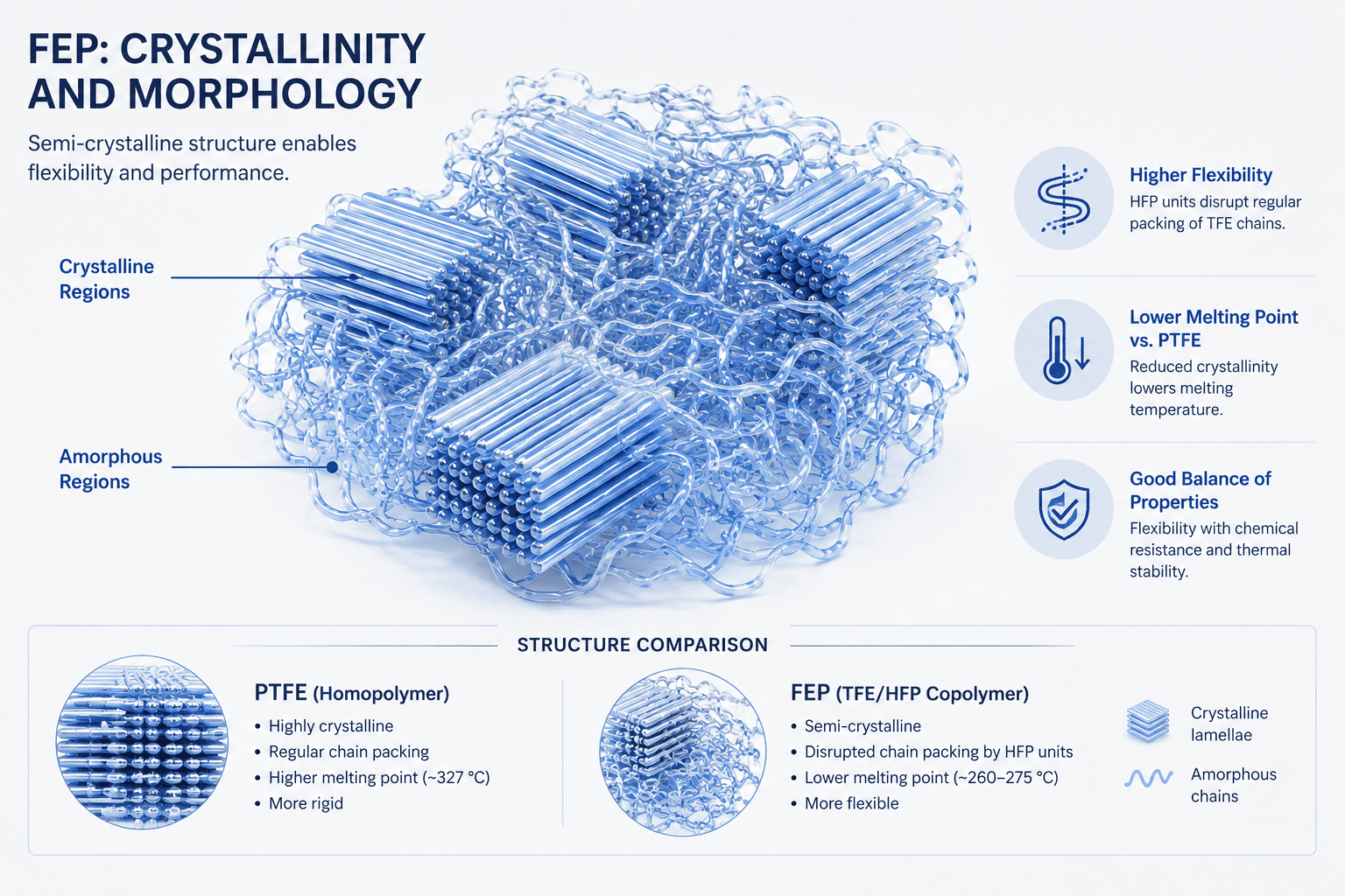 Illustrazione scientifica della morfologia semicristallina del fluoropolimero FEP che mostra le regioni cristalline e amorfe, le catene polimeriche flessibili e le differenze strutturali rispetto al PTFE.