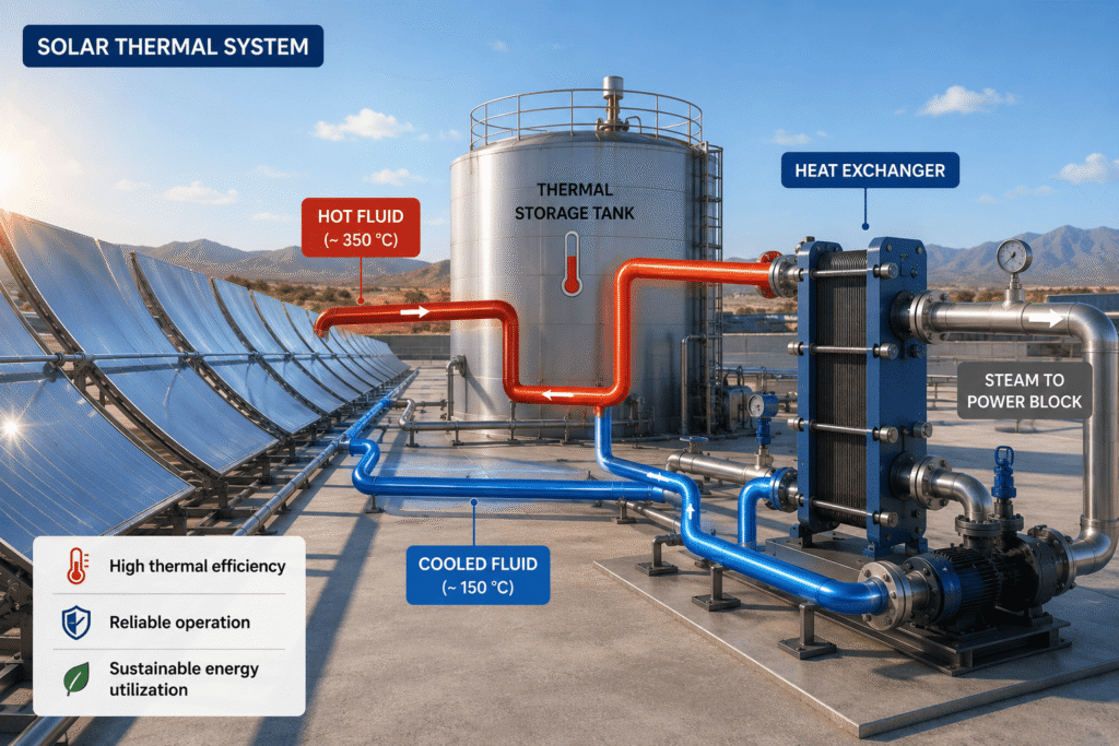 Industrial solar thermal system with heat transfer fluid circulation, thermal storage tank, and heat exchanger for high-temperature energy transfer applications.