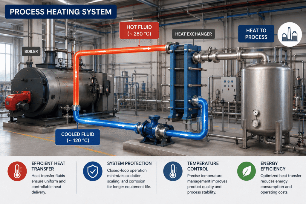Industrial process heating system with boiler, heat exchanger, and circulating heat transfer fluid for efficient temperature control and thermal management.