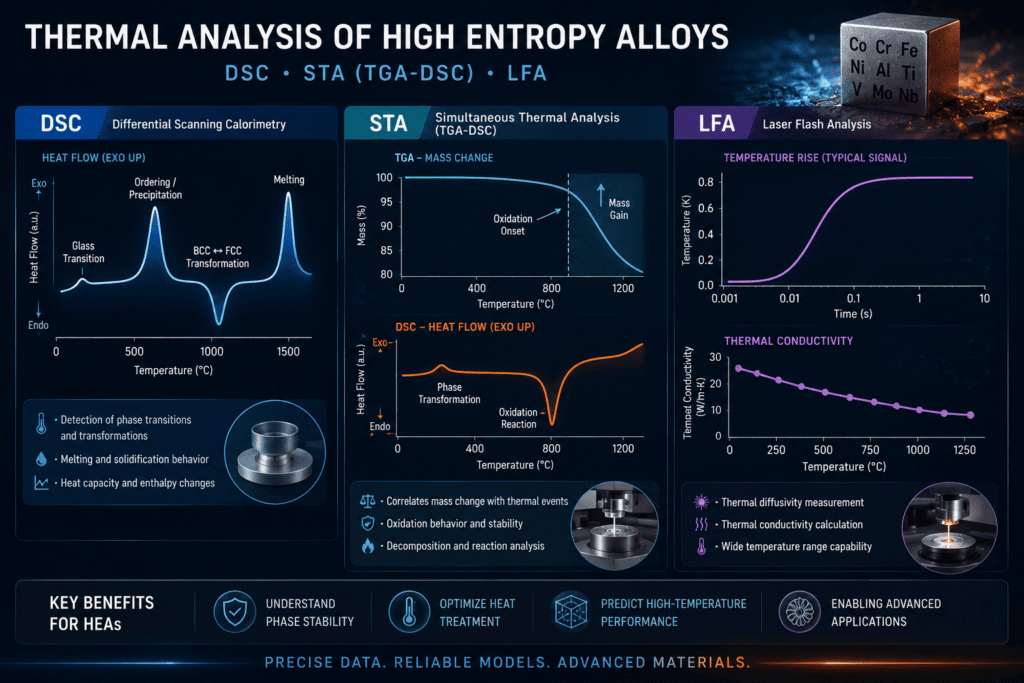 Infografika naukowa ilustrująca metody analizy termicznej DSC, STA i LFA dla stopów o wysokiej entropii, w tym przemiany fazowe, zachowanie podczas utleniania, stabilność termiczną, dyfuzyjność i pomiary przewodności cieplnej w podwyższonych temperaturach.