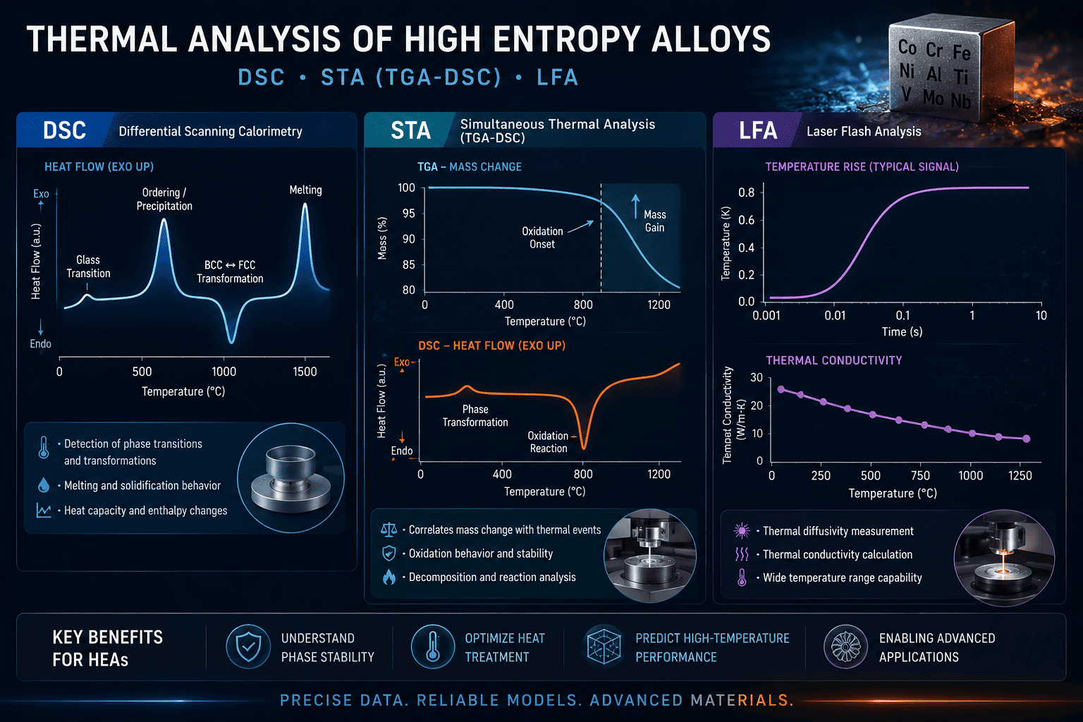 Infographie scientifique illustrant les méthodes d'analyse thermique DSC, STA, et LFA pour les alliages à entropie élevée, y compris les transformations de phase, le comportement à l'oxydation, la stabilité thermique, la diffusivité, et les mesures de conductivité thermique à des températures élevées.