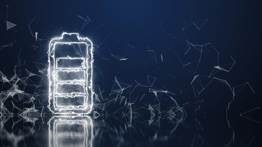 Icona astratta della batteria luminosa con strutture di rete digitali e visualizzazione del flusso di energia, che rappresenta il comportamento termico, la sicurezza della batteria e l'analisi delle celle agli ioni di litio.