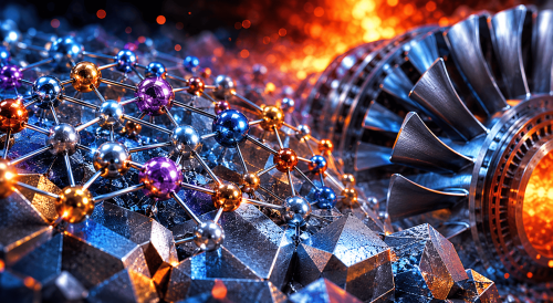 Futuristic visualization of a high entropy alloy microstructure with multi-element atomic lattice and turbine components, representing thermal stability, high-temperature performance, and advanced metallurgical applications. Generated with AI.