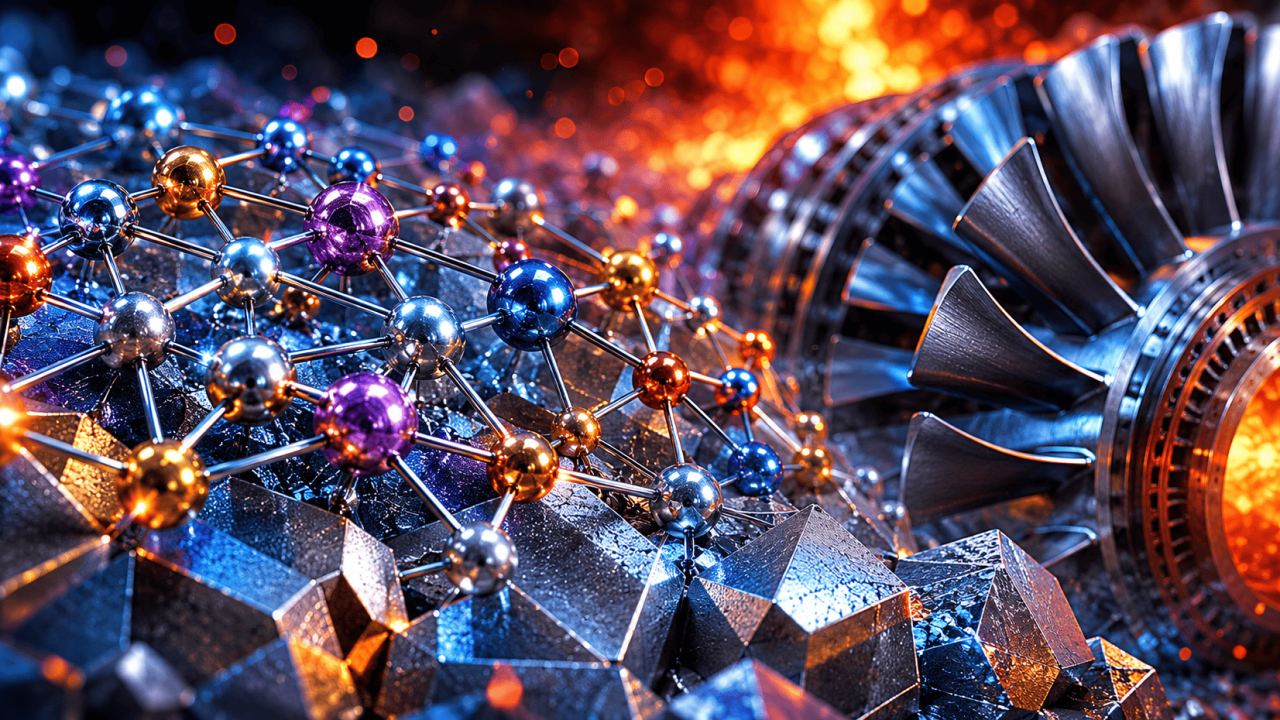 Futuristic visualization of a high entropy alloy microstructure with multi-element atomic lattice and turbine components, representing thermal stability, high-temperature performance, and advanced metallurgical applications. Generated with AI.