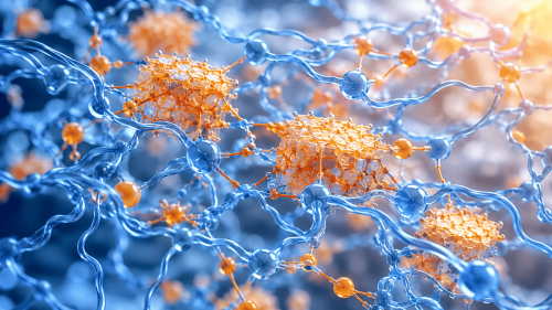 Scientific visualization of a segmented polyurethane microstructure with flexible polymer chains and interconnected hard domains, representing elasticity, phase separation, and tunable mechanical properties of PUR materials. Generated with AI.