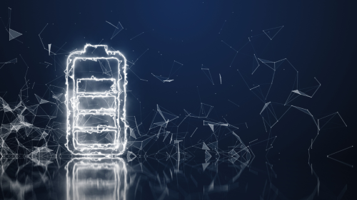Abstract glowing battery icon with digital network structures and energy flow visualization, representing thermal behavior, battery safety, and lithium-ion cell analysis.