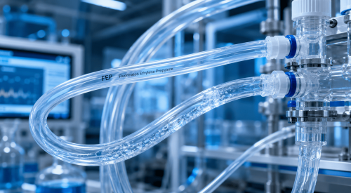 Transparenter FEP-Schlauch in einem Hightech-Laborflüssigkeitssystem, der chemische Beständigkeit, optische Klarheit, Flexibilität und den Transport hochreiner Medien in industriellen Anwendungen demonstriert.